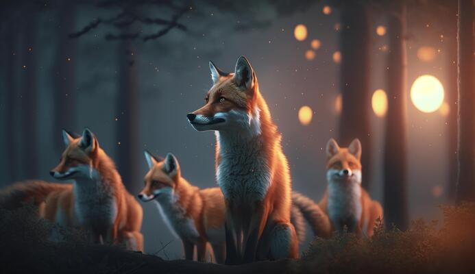 A Pack of Foxes Roaming through the Forest at Night 24061369