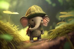 aventuras de el selva explorador pequeño elefante con un tropical sombrero ai generado foto