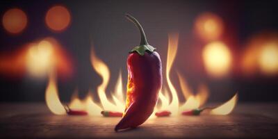 Fiery Red Hot Chili Pepper with Flames and Fire Illustration photo