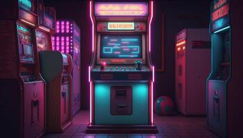 Retro Gaming Fun Old-School Arcade Game in an 80s Neon Wonderland AI generated photo