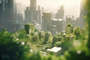 Green metropolis of the future High-tech city with lush vegetation and clear skies photo