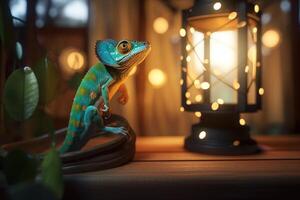 Charming Chameleon chilling near treehouse lantern photo