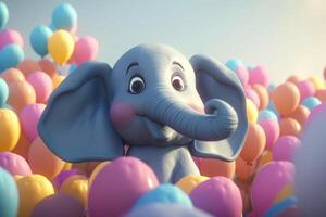 un juguetón elefante con cientos de vistoso globos ai generado foto