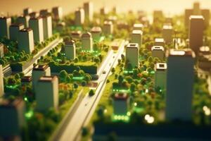 Green metropolis of the future High-tech city with lush vegetation and clear skies photo