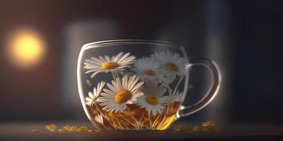 Glass Jar Filled with Chamomile Flowers, Illustrated photo