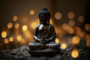 Close-up of golden Buddha statue with bokeh background photo