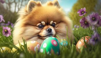 Pomeranian Pooch Finds Festive Easter Eggs in the Flowery Field photo