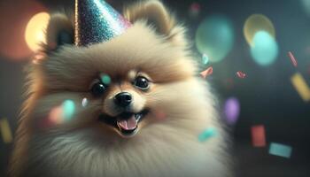 pomeranio cachorro fiestas resistente en sombrero en festivo ocasión ai generado foto