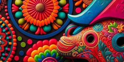 Vibrant Mexican Art Colorful Patterns, Clothing, Figures, and Craftwork photo