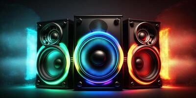 Illustration of neon light sound speakers music boxes content photo