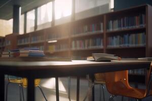 tranquilo refugio un vacío alto colegio biblioteca bañado en ligero ai generado foto