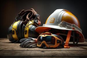 Protective Gear on Table Helmet, Goggles, and Gloves photo