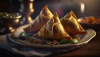Crispy and Delicious Samosas Iconic Indian Snack on Wooden Table photo