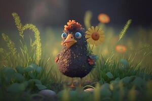 The funny chicken standing in the meadow with a curious look photo