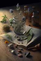 Herbal remedies and tools for preparing medicinal herbs on old wooden table, rustic atmosphere photo