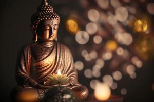 Close-up of golden Buddha statue with bokeh background photo