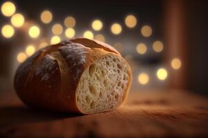 recién horneado italiano ciabatta un pan en de madera antecedentes ai generado foto