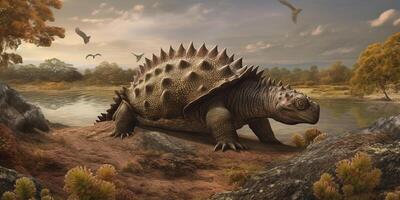 Guardian of the Prehistoric Realm A Realistic Illustration Showcasing the Mighty Ankylosaurus in a Mesmerizing Prehistoric Landscape photo