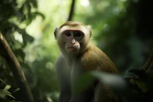 Tiny monkey exploring lush rainforest foliage photo