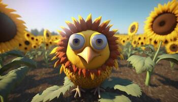 Chicken-Sunflower hybrid standing in the middle of a sunflower field photo