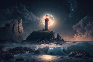 Illustration of a lighthouse on the coast at night with moon and reflection photo