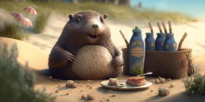A whimsical mole enjoys a lovely picnic by the beach with friends and good food in the sun. photo