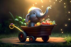 Little Elephant Harvesting Vegetables in the Garden with a Wheelbarrow photo