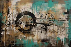 Industrial Elegance A Captivating Fusion of Collage and Paint in Large Canvas Paintings, Adorned with Turquoise and Sepia Tones photo