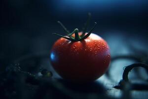 brillante Tomates cultivo debajo artificial uv ligero para óptimo crecimiento y nutrición ai generado foto