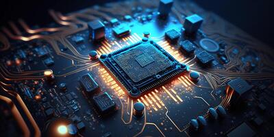 Close-up of Blue-Toned Processor on Motherboard with Bokeh Effect photo