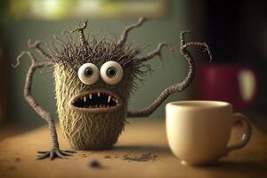 ilustración de un solitario pequeño raíz monstruo con un taza de café solo en un habitación ai generado foto