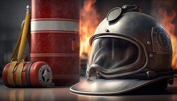 Fire Extinguisher and Firefighter Helmet with Flames in Background - Essential Safety Gear in Action photo