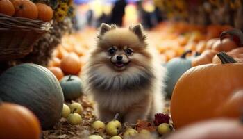 otoño celebracion adorable pomeranio perro entre calabazas y cosecha decoraciones ai generado foto