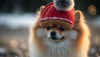 Festive Pomeranian pup donning a red and white Santa hat AI generated photo