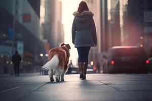 ciudad paseo con canino compañero un mujer y su perro en medio de rascacielos durante puesta de sol ai generado foto