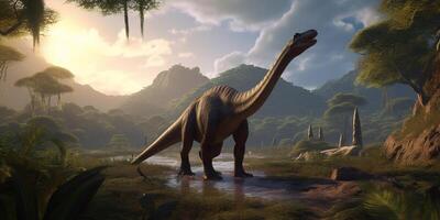 Glimpses of the Past Realistic Illustration of a Plateosaurus Roaming a Pristine Prehistoric Landscape photo