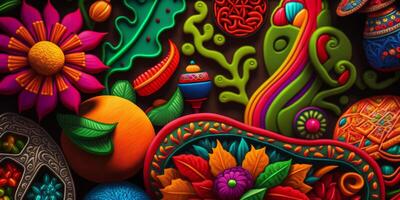 Vibrant Mexican Art Colorful Patterns, Clothing, Figures, and Craftwork photo