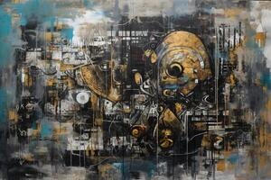 Industrial Elegance A Captivating Fusion of Collage and Paint in Large Canvas Paintings, Adorned with Turquoise and Sepia Tones photo