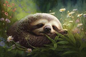 Exhausted and tired sloth lies among flowers in a meadow in spring and sleeps photo