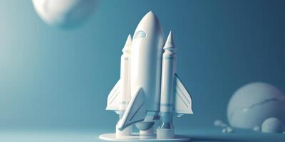 Symbolic 3D Rendering of White Rocket Model against Blue Background for Startup Concepts photo