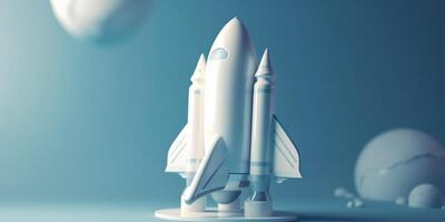 Symbolic 3D Rendering of White Rocket Model against Blue Background for Startup Concepts photo