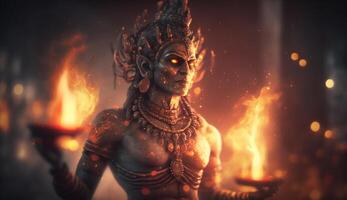 retrato de agni, el indio Dios de fuego, rodeado por el llamas de su dominio ai generado foto