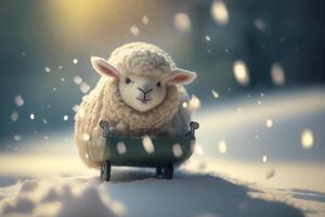 Adorable little sheep having fun sledding in the snowy winter wonderland photo