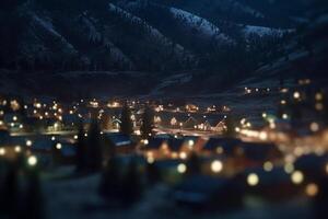 noche ver de un ciudad anidado en un Valle en medio de el montañas ai generado foto