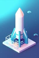 Symbolic 3D Rendering of White Rocket Model against Blue Background for Startup Concepts photo