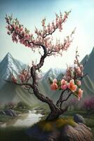 Serene Chinese landscape with pink blossoming peach tree photo