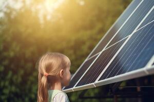 Little Child Standing by Solar Panel with Green Bokeh Background and Sun Rays photo