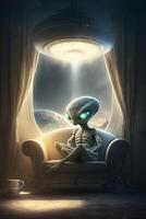 Alien sits on a sofa and chills with a floating UFO content photo