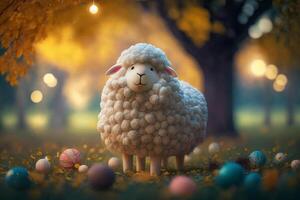 Fluffy Sheep in a Colorful Autumn Nature Landscape photo