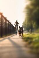 canino excursión en coche perro corriendo junto a propietario en bicicleta camino en ciudad ai generado foto